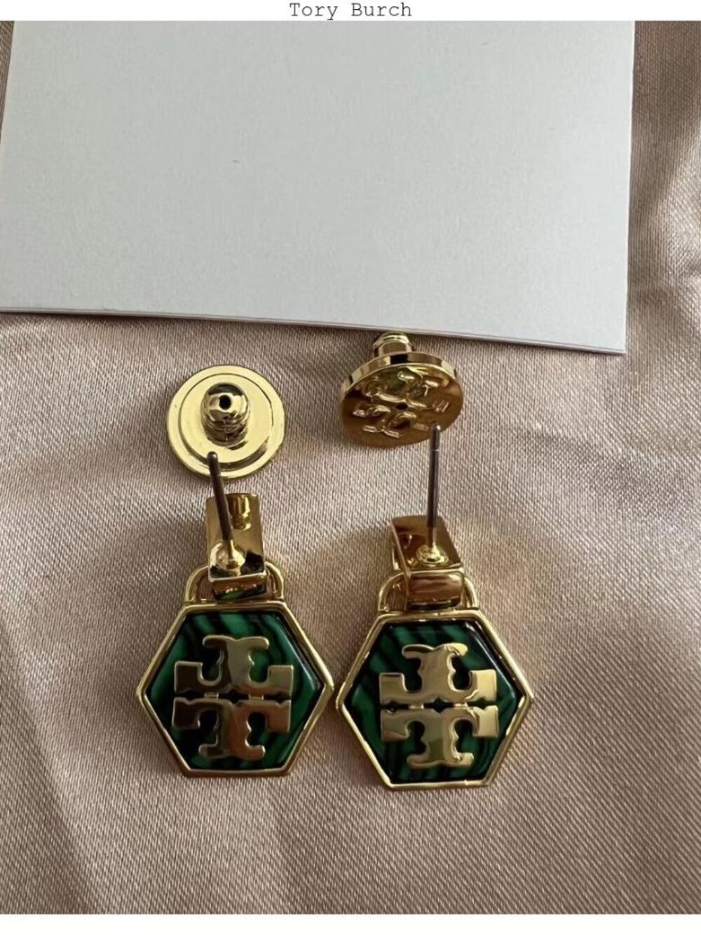 Tory Burch Gold-tone Hexagon Earrings with Emerald Green Inlay